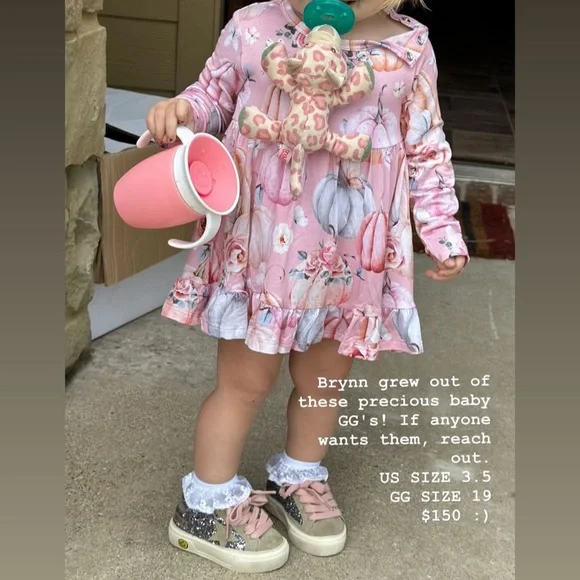 Discontinued hard to find infant toddler, golden goose, rose gold suede/glitter